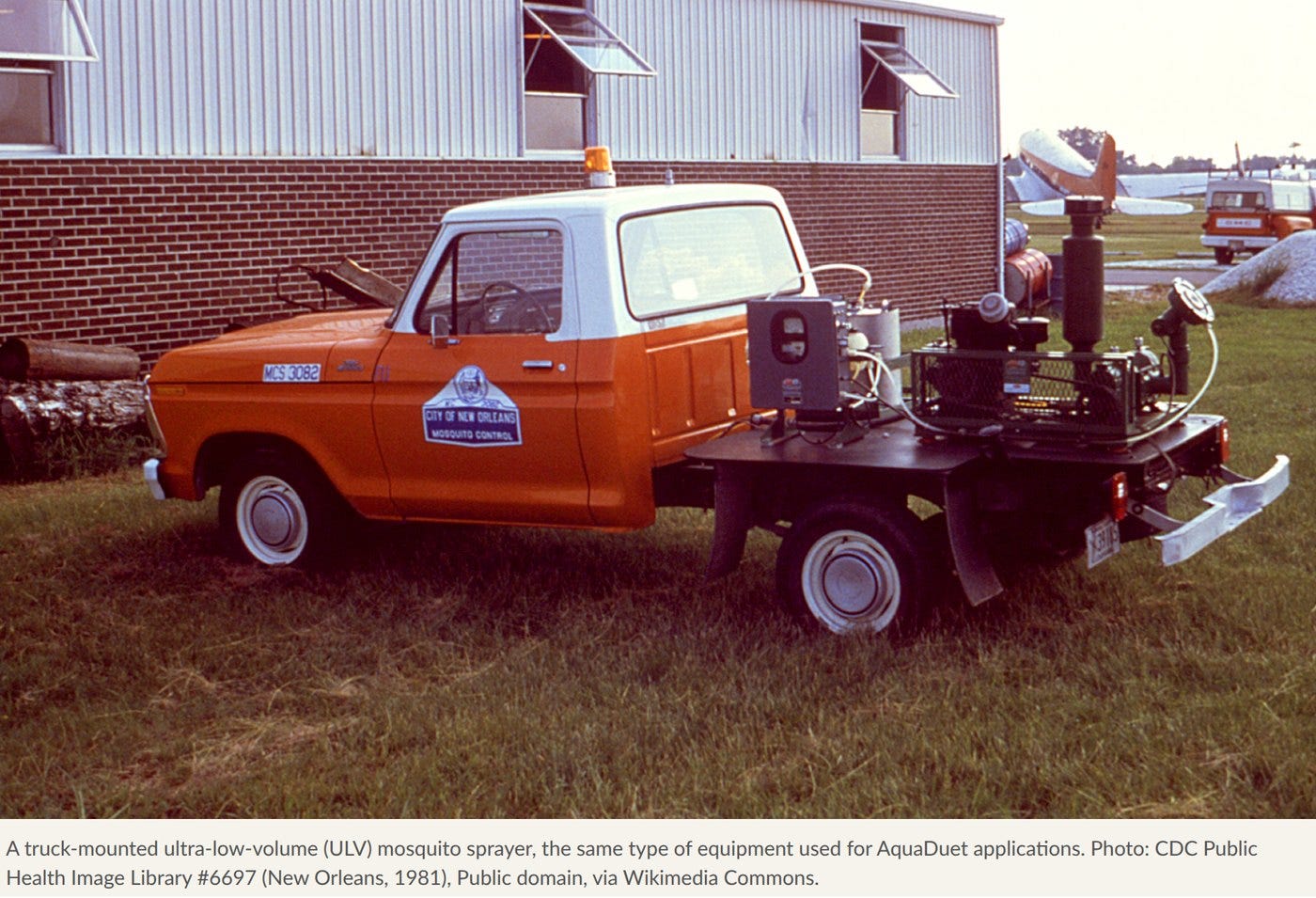 A truck-mounted ultra-low-volume mosquito sprayer, the type of equipment used for AquaDuet applications. Photo: CDC Public Health Image Library #6697 (New Orleans, 1981), Public domain.