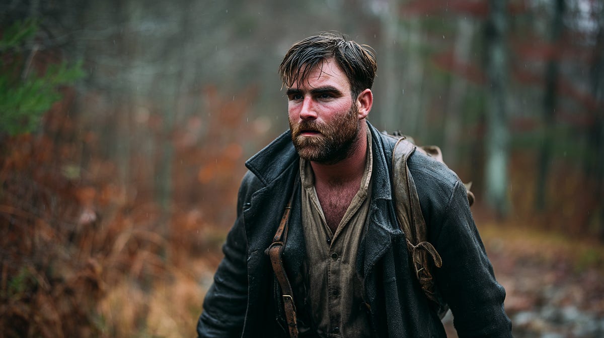 Solo traveler walking through an autumn forest during rainfall, wearing a dark waterproof coat and backpack — capturing themes of adventure, resilience, and nature exploration.