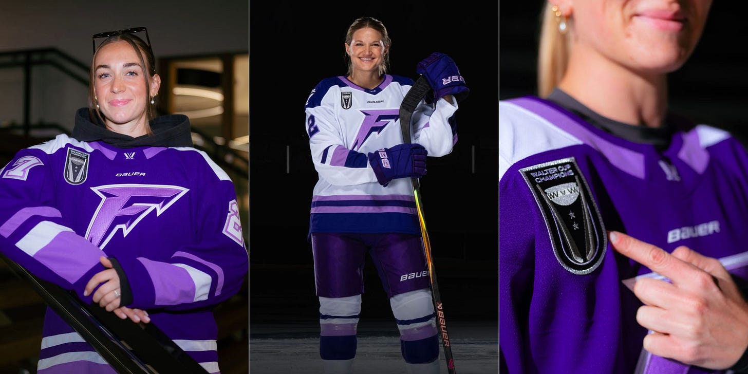 Heise, Stecklein and Butorac showing off jerseys.