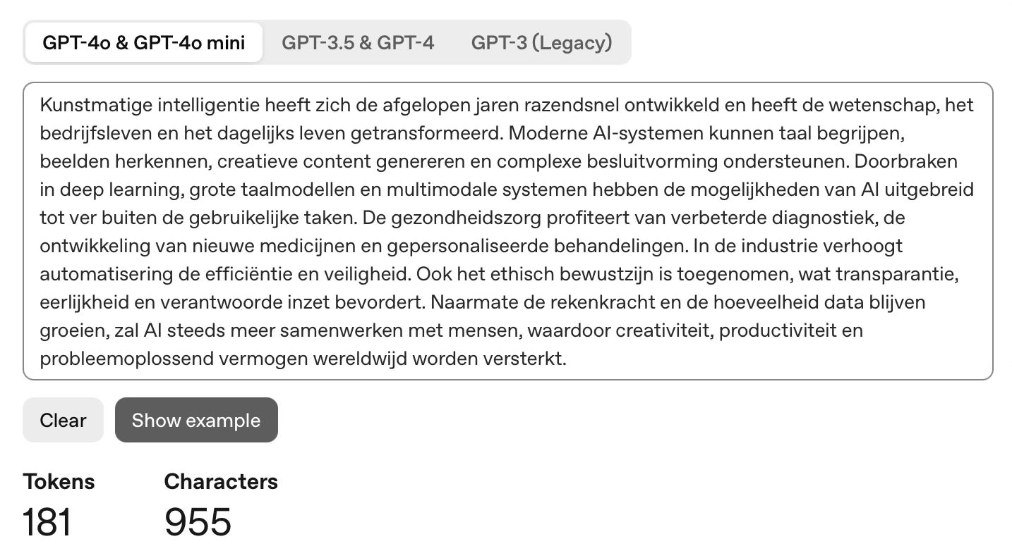 OpenAI GPT-4o tokenizer processing Dutch text showing 181 tokens and 955 characters