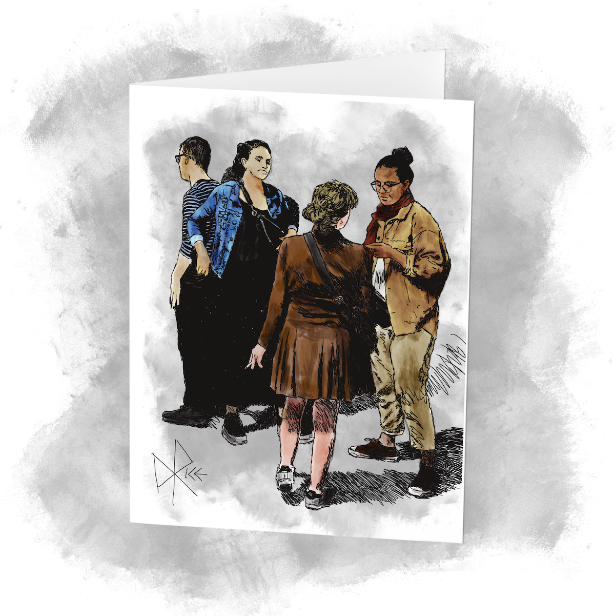 A group of people gather outside the bar after a gig. Sketch art by Don Rice.