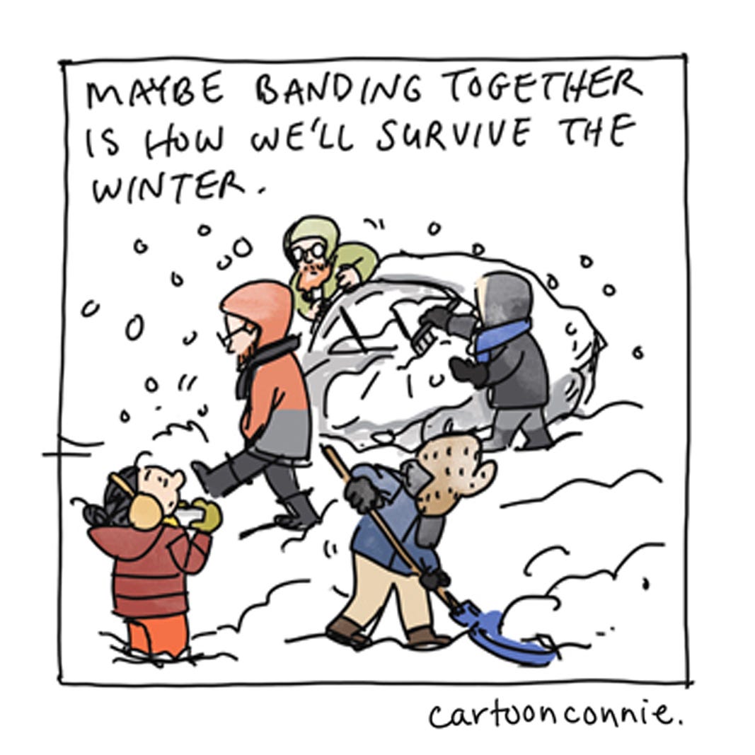 Panel 6 of a 6-panel diary comic about seeing New Yorkers help each other in a snowstorm. Titled "Diary of a Snow Day," original art by Connie Sun, cartoonconnie, 2026.