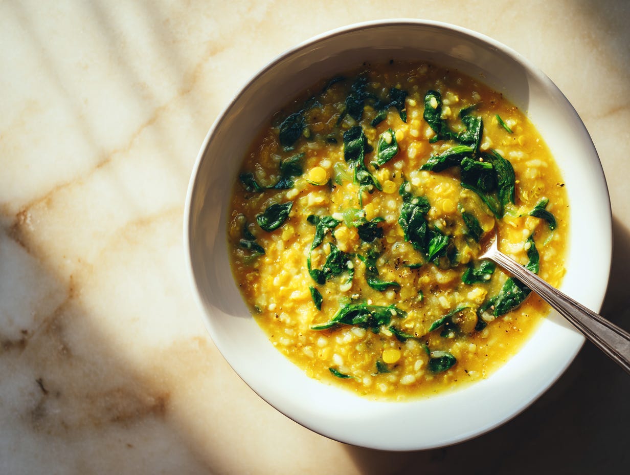 Overhead 90° flat-lay of a white bowl of soupy kitchari (well cooked white basmati + split yellow mung dal) with only spinach cooked in; glossy, brothy porridge texture; placed on a warm, sunlit light-stone countertop with soft shadows
