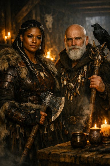 Diegia and Oroles in the Soldav longhouse at dawn, chieftain with regal bronze features and braided silver-streaked hair beside a stoic elder with frost-gray eyes and silver beard, Barovian Gothic atmosphere