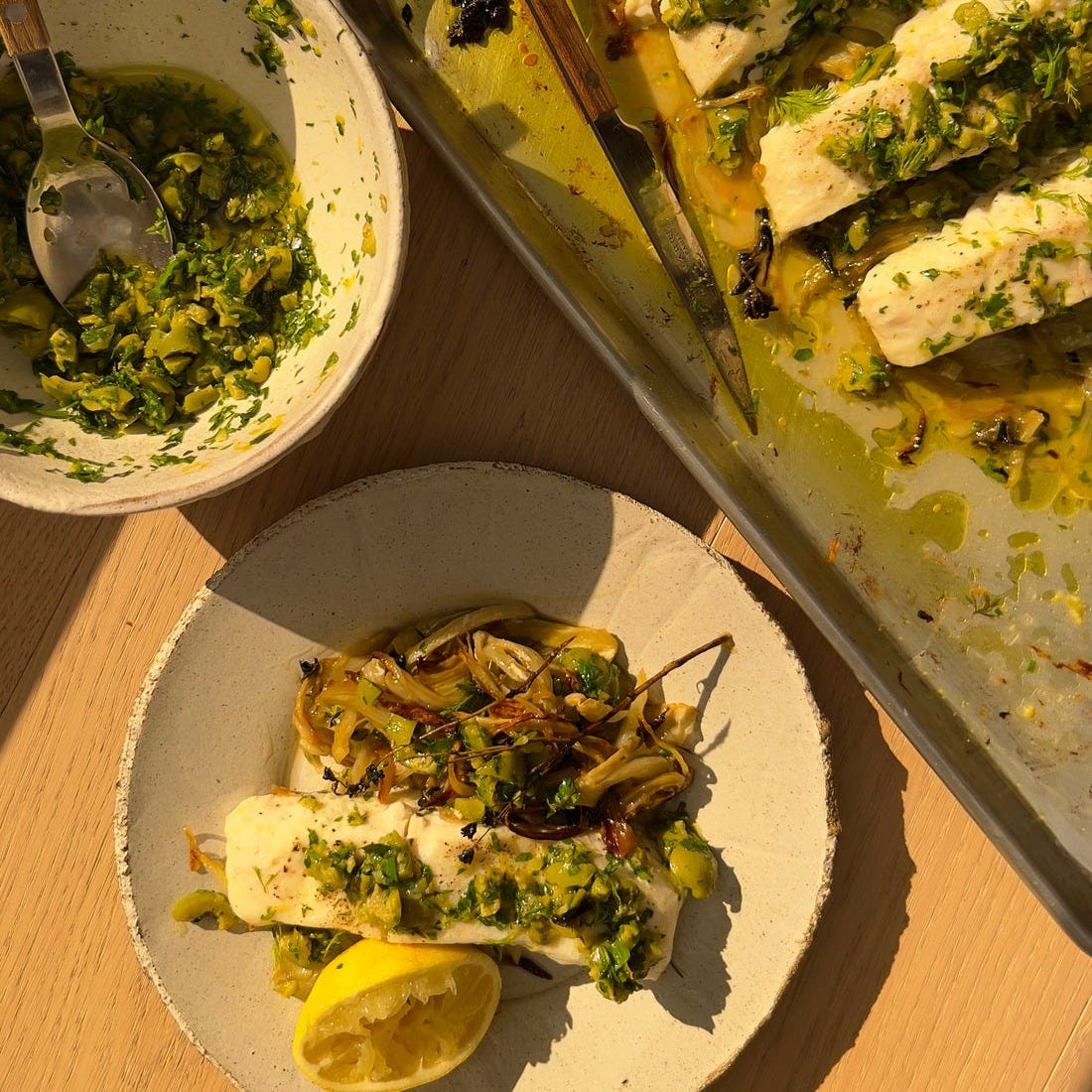 Grilled Halibut with Fennel, Shallots and an Olive Tapenade