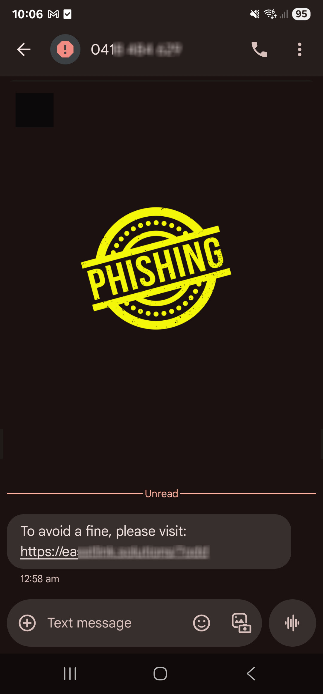 Text message claiming to be from EastLink urgus you to pay a toll to avoid a fine.