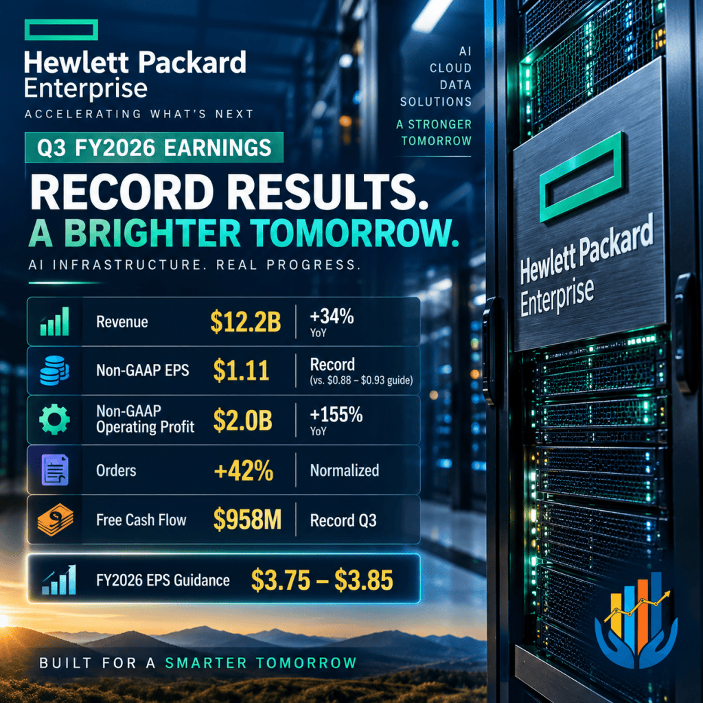 Infographic showcasing Hewlett Packard Enterprise's Q3 FY2026 earnings results, highlighting record revenue of $12.2B, non-GAAP EPS of $1.11, and non-GAAP operating profit of $2.0B with notable year-over-year growth. Infographic showcasing Hewlett Packard Enterprise's Q3 FY2026 earnings results, highlighting record revenue of $12.2B, non-GAAP EPS of $1.11, and non-GAAP operating profit of $2.0B with notable year-over-year growth.