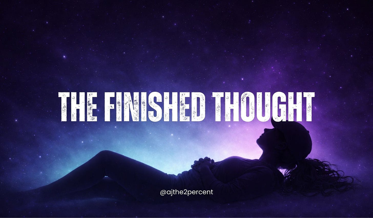 Female silhouette lying on her back beneath a purple and teal cosmic sky, looking upward, with the title “The Finished Thought” above her and soft galaxy light surrounding the scene.