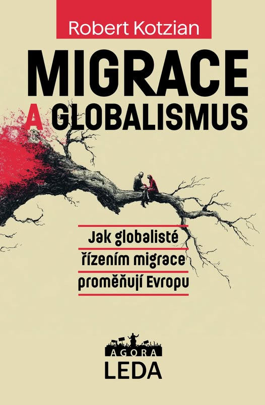 Může jít o obrázek ‎text, kde se píše ‎Robert Kotzian MIGRACE AGLOBALISMUS ل Jak globalisté rízením migrace promeñuji Ενιορυ AORA م AGORA LEDA‎‎