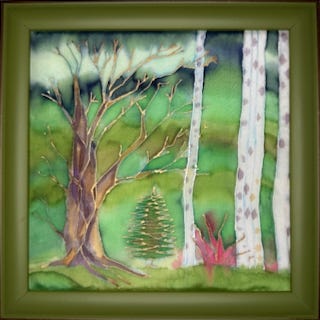 Silk painting depicting an oak tree standing over a pine tree with birch trees, painted in soft watercolor tones