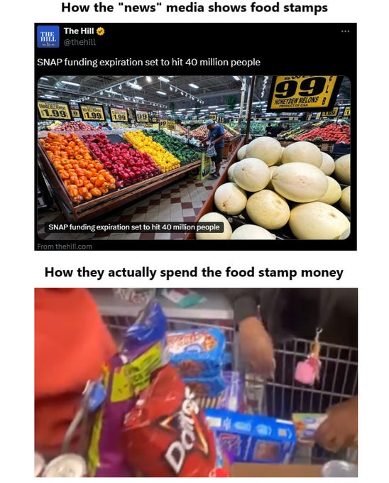 Top section features a screenshot of a news article headline reading How the news media shows food stamps SNAP funding expiration set to hit 40 million people with an embedded image of a grocery store aisle displaying various colorful fruits like oranges and apples and vegetables like squash. Bottom section shows a close-up of a shopping cart containing packaged junk foods including bottles of soda boxes of chips and candy items.