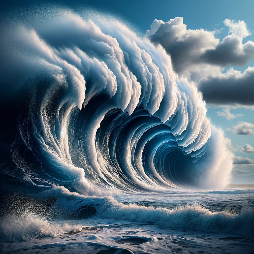 A dramatic transformation of a large ocean wave becoming a powerful tide. The image captures the dynamic motion of the wave as it surges forward, with foamy white water and deep blue colors. The background features a clear sky with a few scattered clouds, enhancing the oceanic scene. The perspective is from the shore, looking towards the horizon, capturing the grand scale and energy of the natural phenomenon.