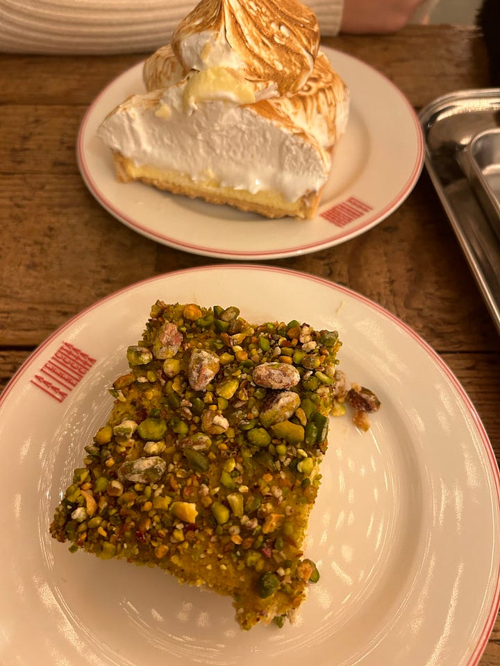 lemon tart & pistachio cake and outside view of la felicità food court