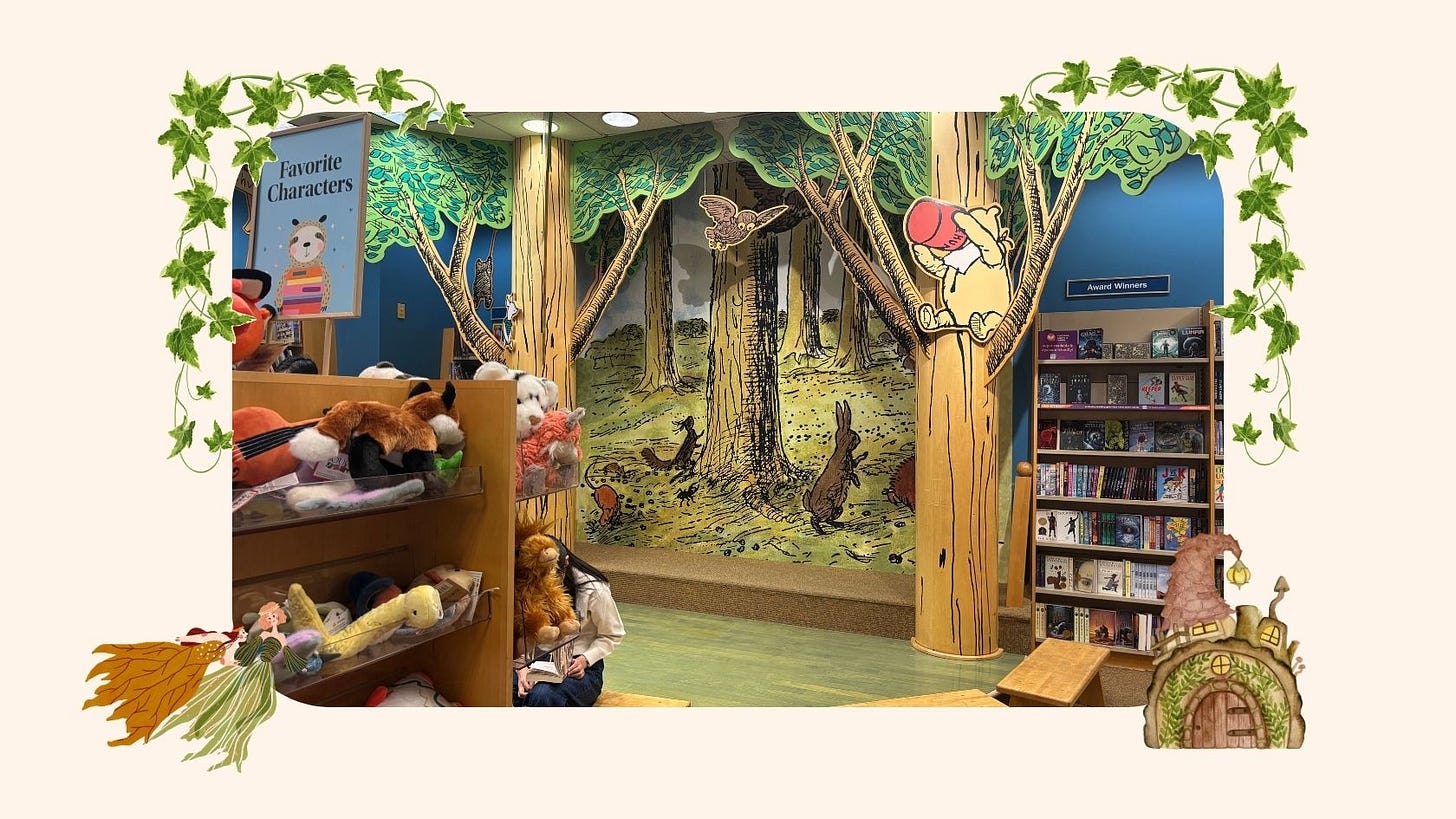Barnes and Noble children's section with forest mural and cozy reading area where adults can discover middle grade books