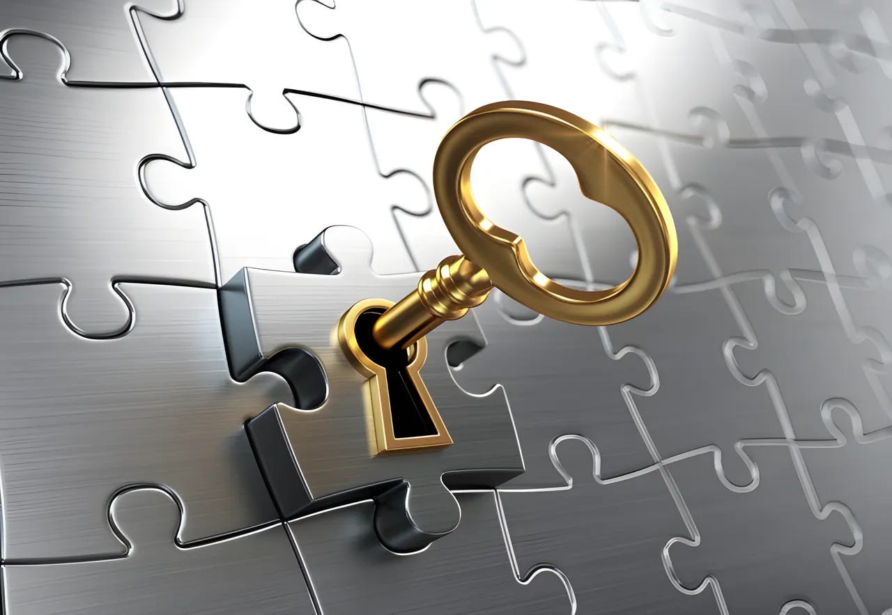Key fitting into a keyhole set in a silver puzzle piece. Key fitting into a keyhole set in a silver puzzle piece.