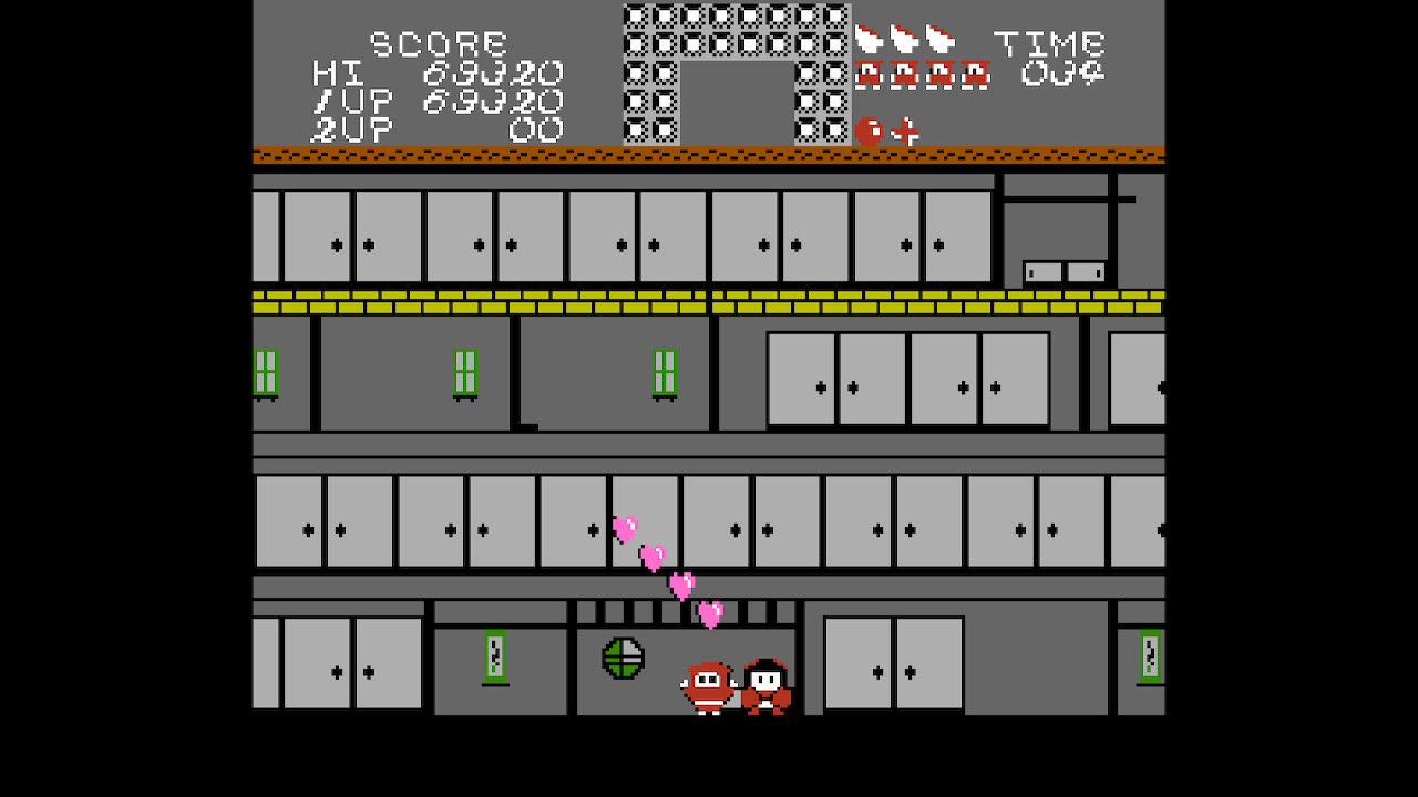 A screenshot from the successful completion of a bonus stage. JaJaMaru has been briefly reunited with Princess Sakura, and hearts are floating above their heads. A screenshot from the successful completion of a bonus stage. JaJaMaru has been briefly reunited with Princess Sakura, and hearts are floating above their heads.