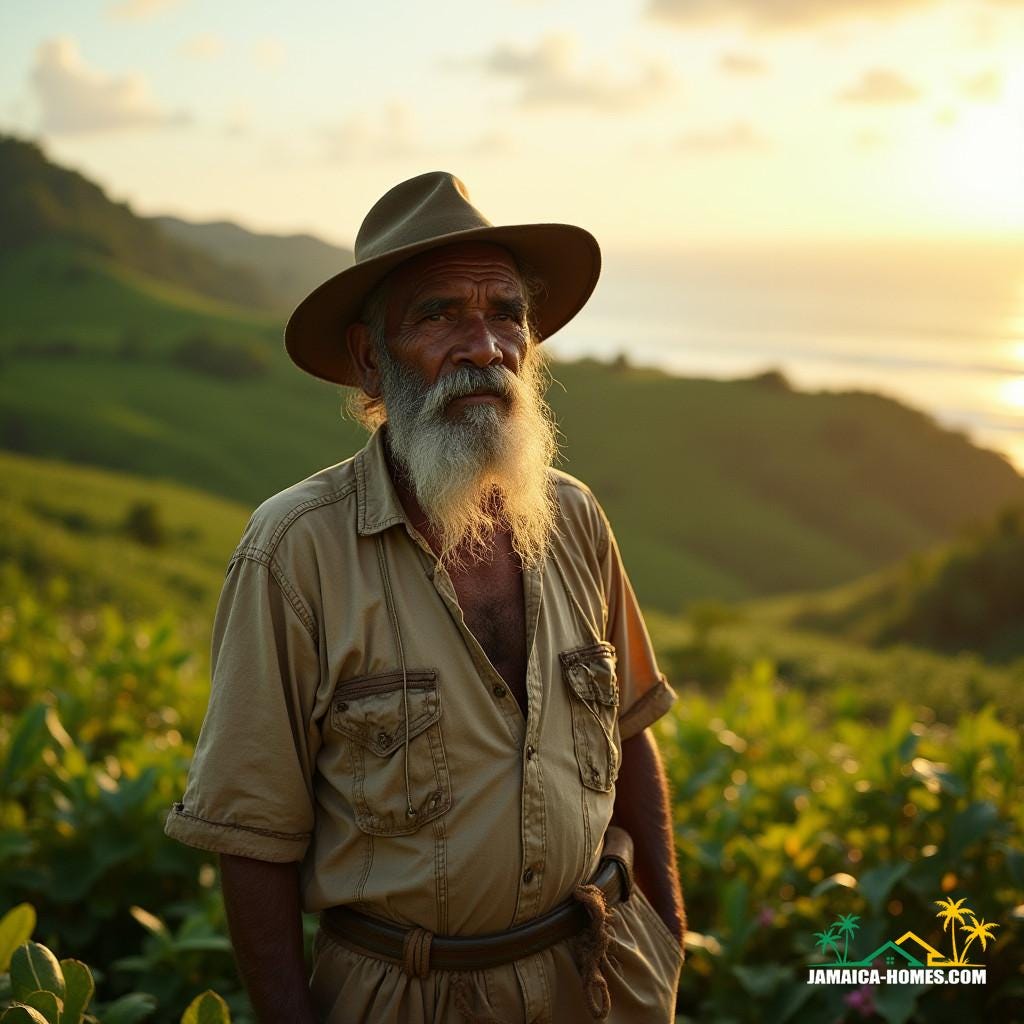 Weathered, old wise Jamaican farmer, dressed in worn, earth-toned clothing, standing proudly in front of lush, vibrant farm land, with the Caribbean Sea glistening in the distance, warm sunlight casting a golden glow on the rolling hills.