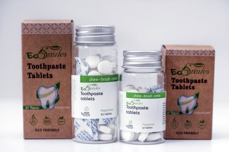 Eco-Smiles' toothpaste tablets are completely natural and sold in glass jars.