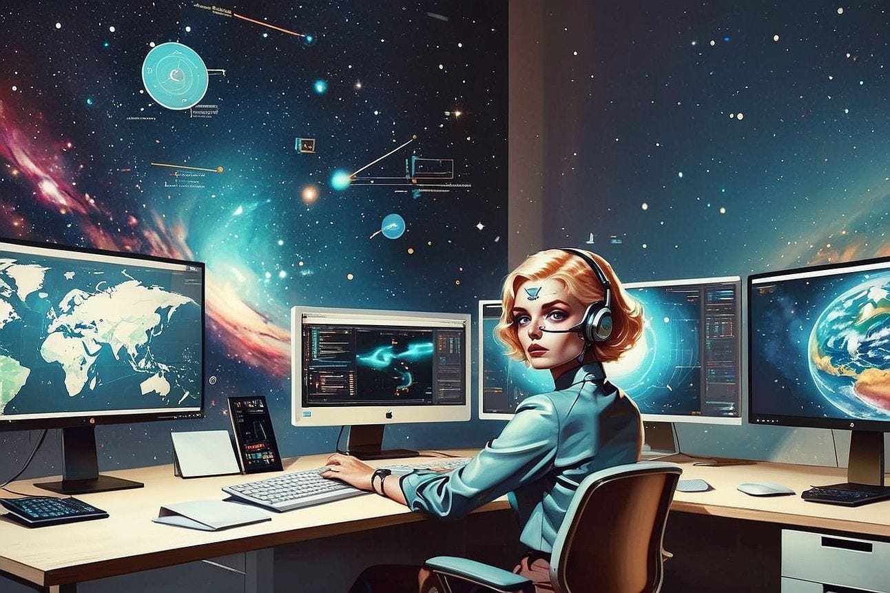A woman works at computers she is in charge, otherworldly, the background is galactic, like a job of the future. The woman looks at the viewer confidently.,
