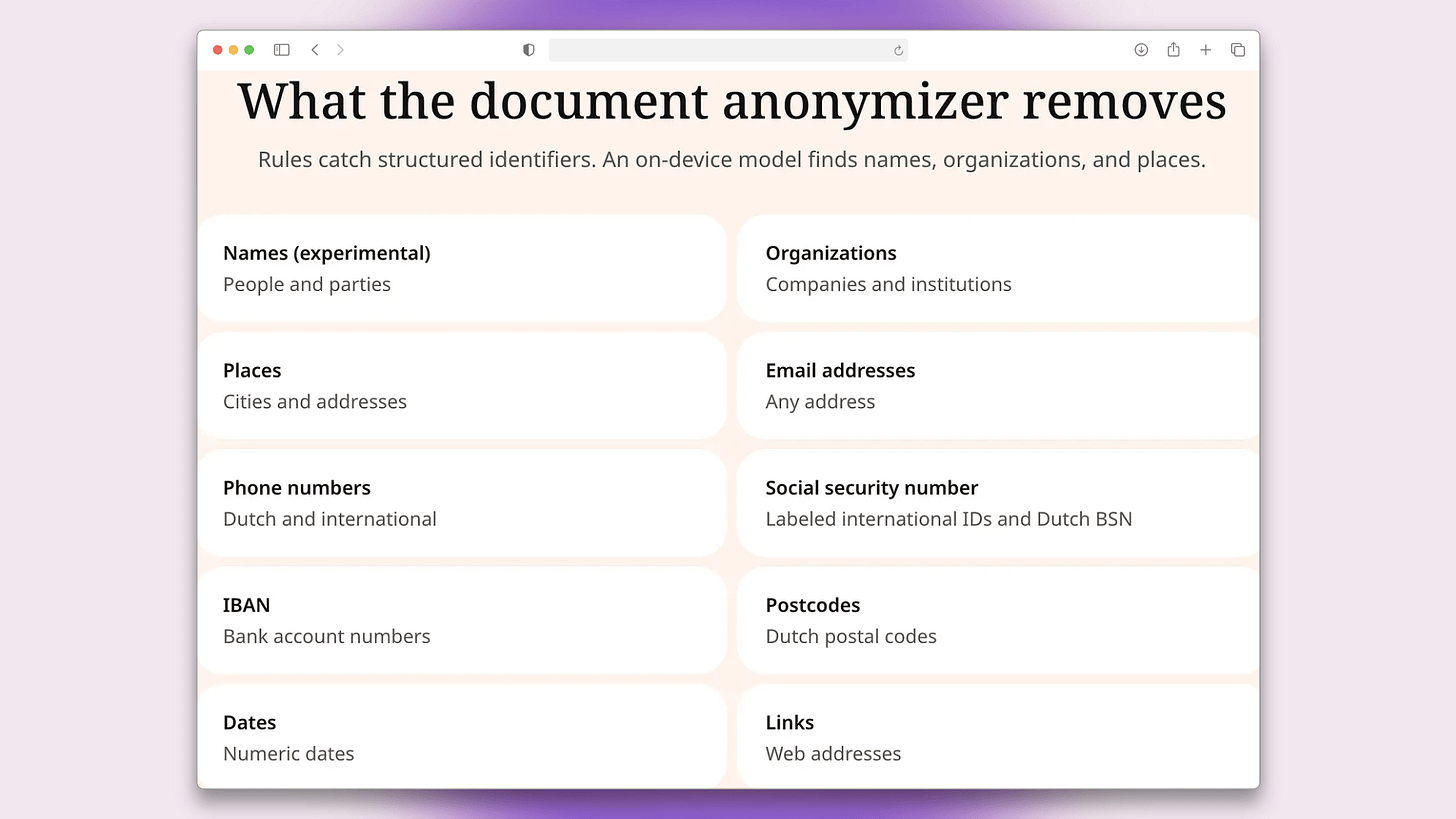 Screenshot of Weeve showing categories of sensitive information removed by the tool, including names, organizations, places, email addresses, phone numbers, and bank details. Gemini helped draft this alt-text.