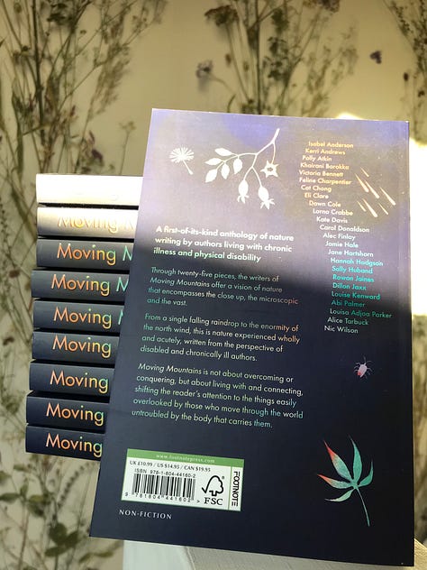 three pictures - the box (cardboard box with Penguin Random House written on the side), the front cover of Moving Mountains leaning against a stack of copies, and then the back cover of Moving Mountains - both indigo with brightly coloured writing and objects from the natural world (a feather, a pebble, leaves, seaweed, rain, and snowflakes).