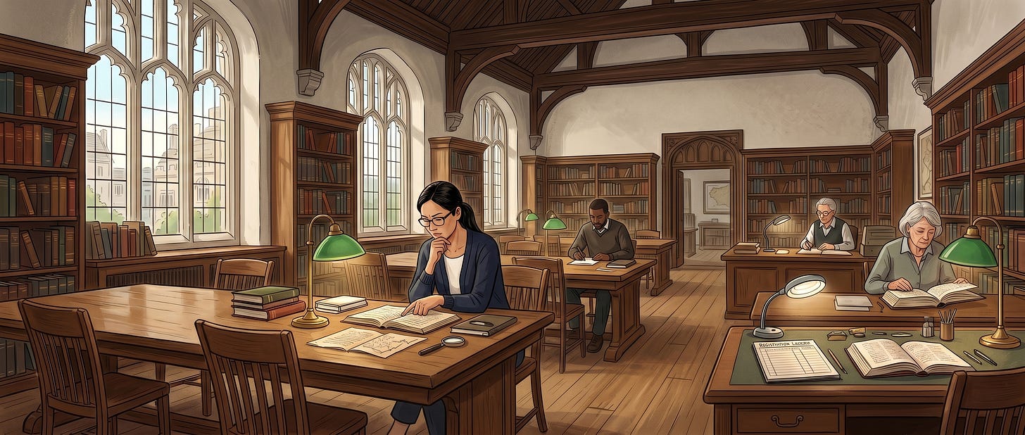 Reading at a table in a shared library reading-room, a foreground figure frowns at some text in a book.