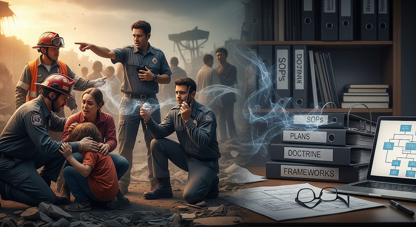An article title: The 12 Laws for Effective Emergency Management, dated Dec. 24, 2025, by Andrew Boyarsky, featuring an interview with Michael Stone, President of the International Federation of Red Cross and Red Crescent Societies Alumni Association. The article discusses twelve human and contextual "laws" for successful crisis response, contrasting them with purely technical emergency management doctrines.