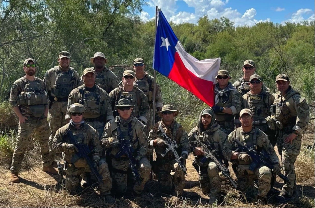 Texas Rangers Special Operations Group Raises the Texas Flag on Fronton Island (aka "Cartel Island") on the Rio Grande October 2, 2023 (Photo by Office of Texas Governor Greg Abbott)