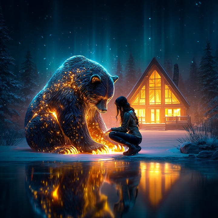 Cinematic editorial scene of a Black woman gentlya large winter bear in a quiet snowy forest at dusk, soft snow falling, deep blue twilight sky