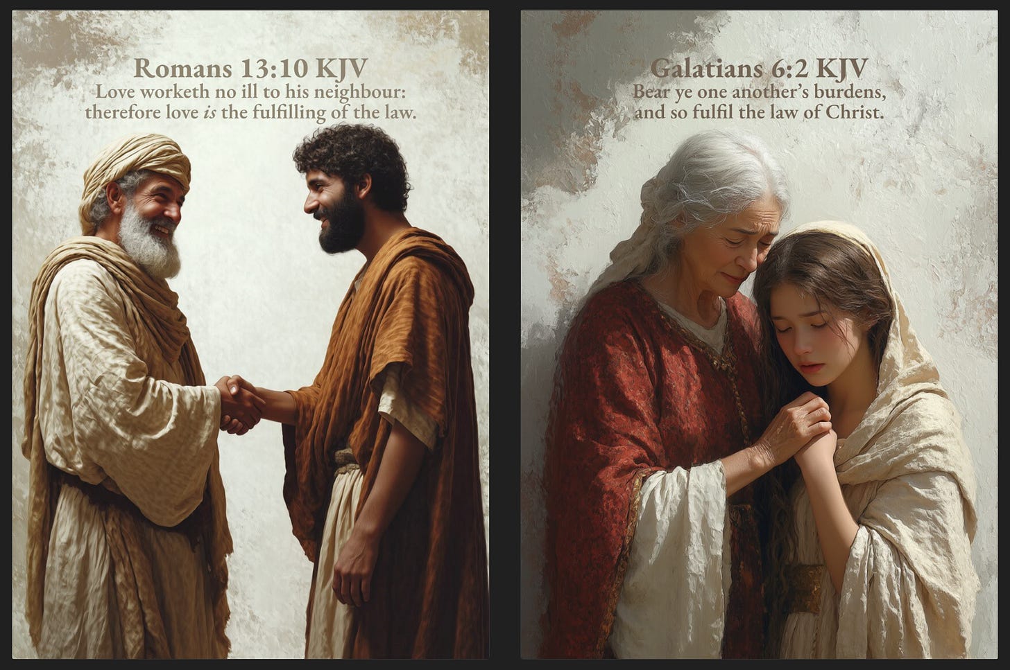 A two-panel image. Left panel: Two men in biblical clothing shake hands and smile, with the verse 'Romans 13:10 KJV: Love worketh no ill to his neighbour: therefore love is the fulfilling of the law' above. Right panel: An older woman consoles a younger woman in biblical attire, with the verse 'Galatians 6:2 KJV: Bear ye one another's burdens, and so fulfil the law of Christ' above.