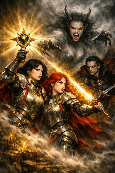 Clarion and Ireena armored wielding Holy Symbol of Ravenkind and Sun Sword against Strahd and the Mistfiend, Ireena with red hair and Clarion with black hair
