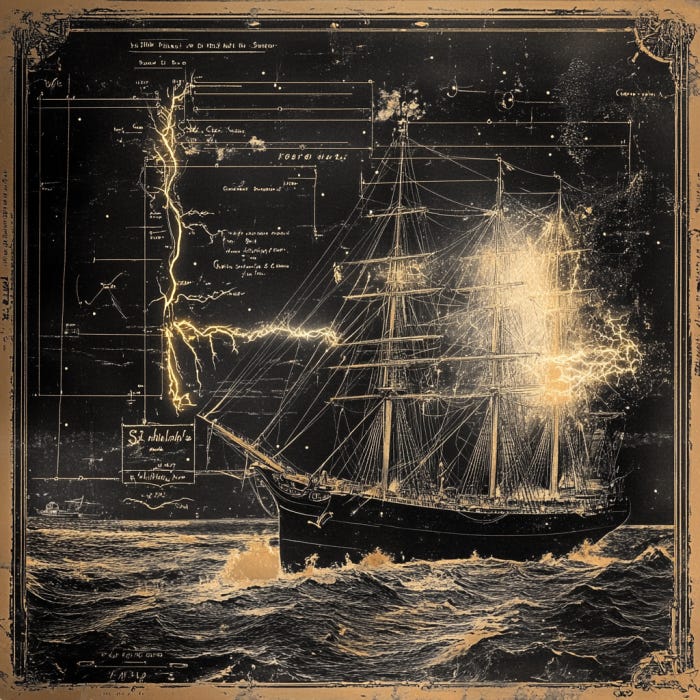 Scientific diagram from the 19th century showing the electrical principles of St. Elmo's Fire alongside a ship illustration