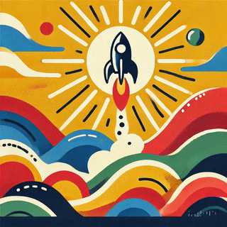 A colorful illustration depicting a rocket launching into a bright sky, surrounded by abstract waves and planets.