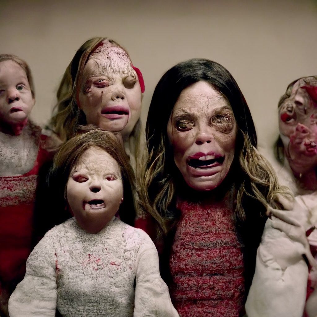 Loab in a group of children with red and white sweaters. She is screaming at the viewer, and all people have considerable facial disfigurements.