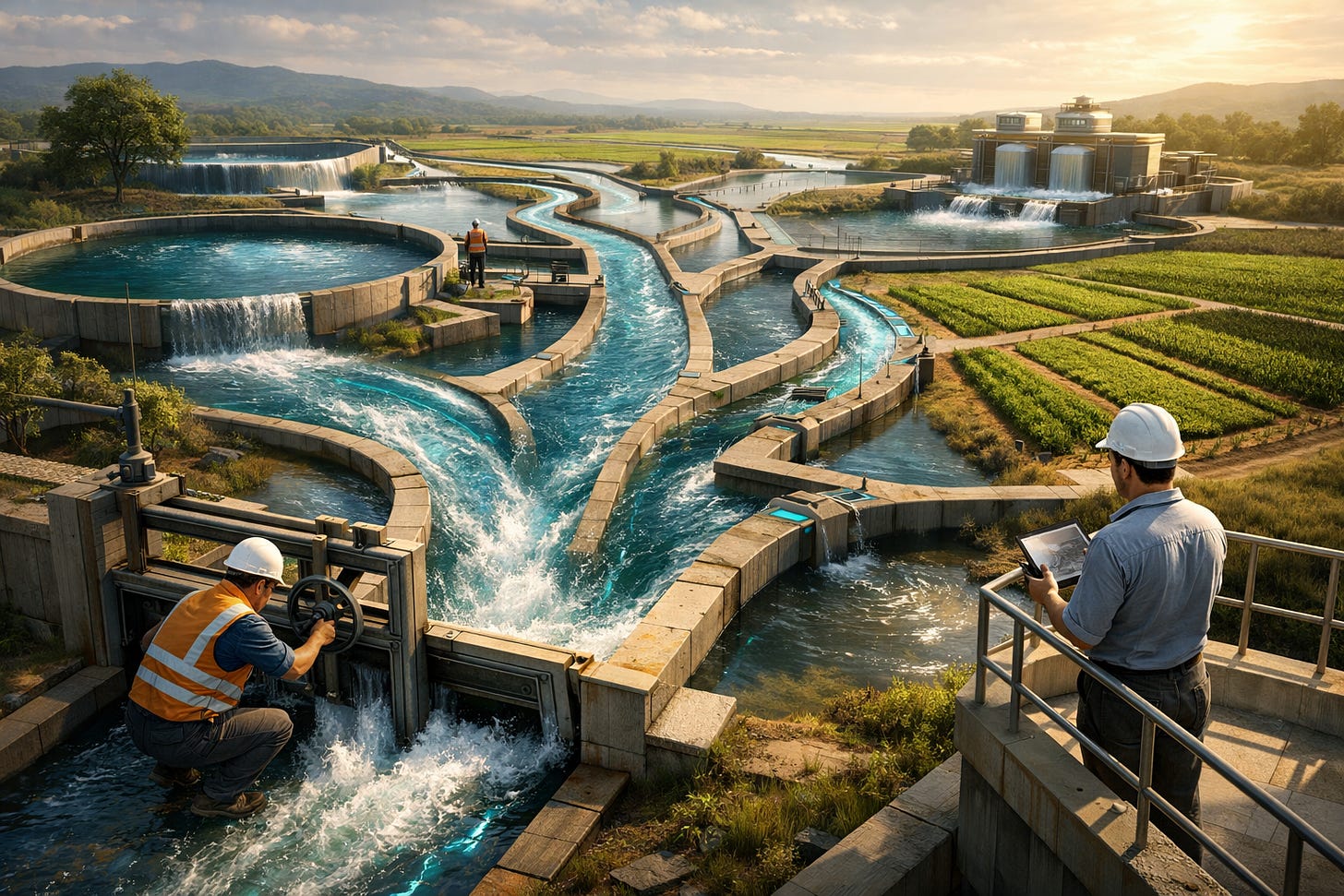 Engineers manage a complex water irrigation and filtration system integrated with lush farmland. Engineers manage a complex water irrigation and filtration system integrated with lush farmland.