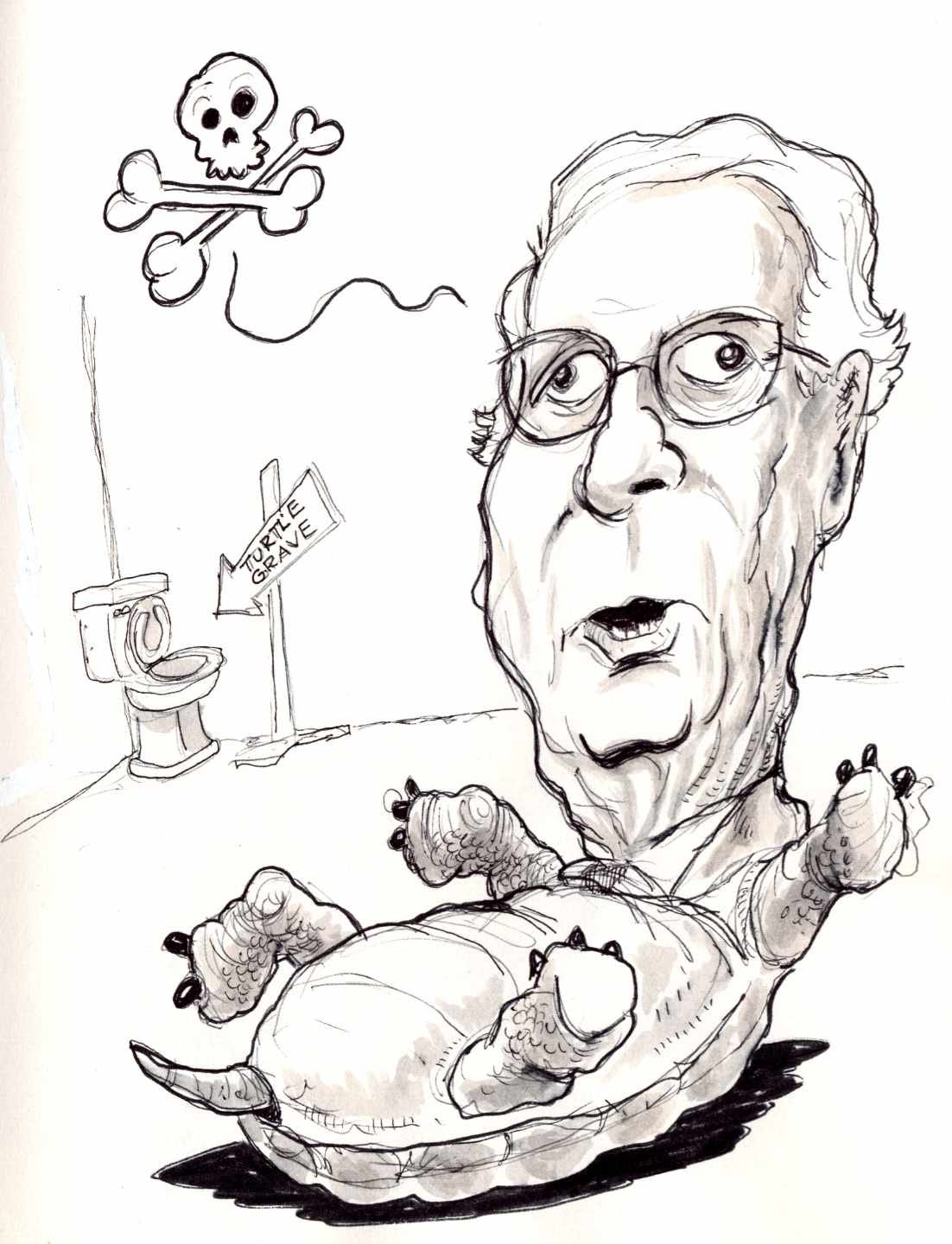 Ink wash sketch of Mitch Mcconnell as a turtle on his back. Ink wash sketch of Mitch Mcconnell as a turtle on his back.