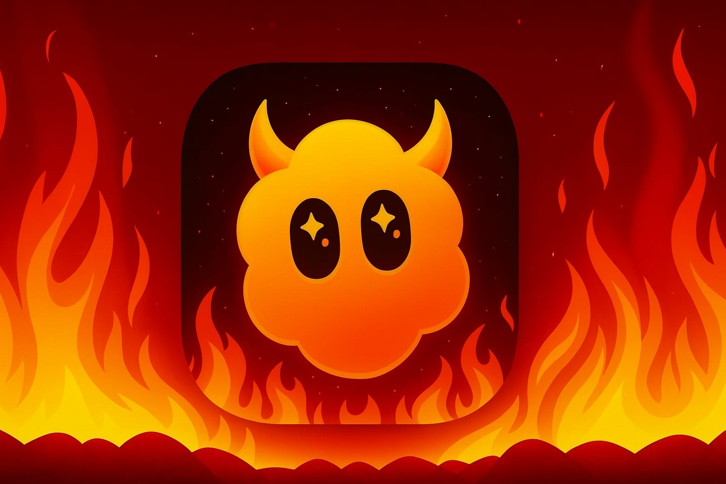 Stylized illustration of a Sora app icon resembling a glowing orange cartoon cloud with devil horns and starry eyes, set against a dark red background engulfed in bright, animated flames. The scene evokes a hellish atmosphere, with the fire surrounding the icon from below and licking up the sides, suggesting a satirical or critical take on the app’s impact. Concept by Baratunde. Illustration by ChatGPT and unacknowledged human artists