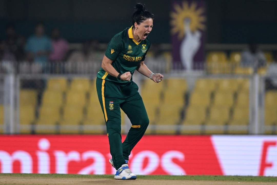 Marizanne Kapp celebrates after taking the wicket of Amy Jones of England during the ICC Women's Cricket World Cup  semi-final at Barsapara Cricket Stadiumin Guwahati on October 29, 2025.