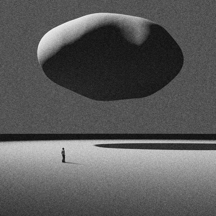 This may contain: a black and white photo of a person standing in front of a large object that looks like a giant mushroom