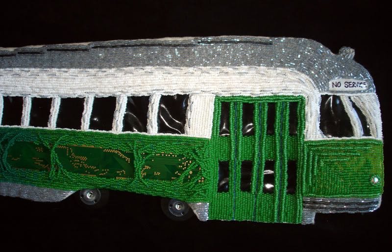 beaded Boston green line trolley mbta T bead embroidery pop art beadwork mixed media train artist beaded Boston green line trolley mbta T bead embroidery pop art beadwork mixed media train artist