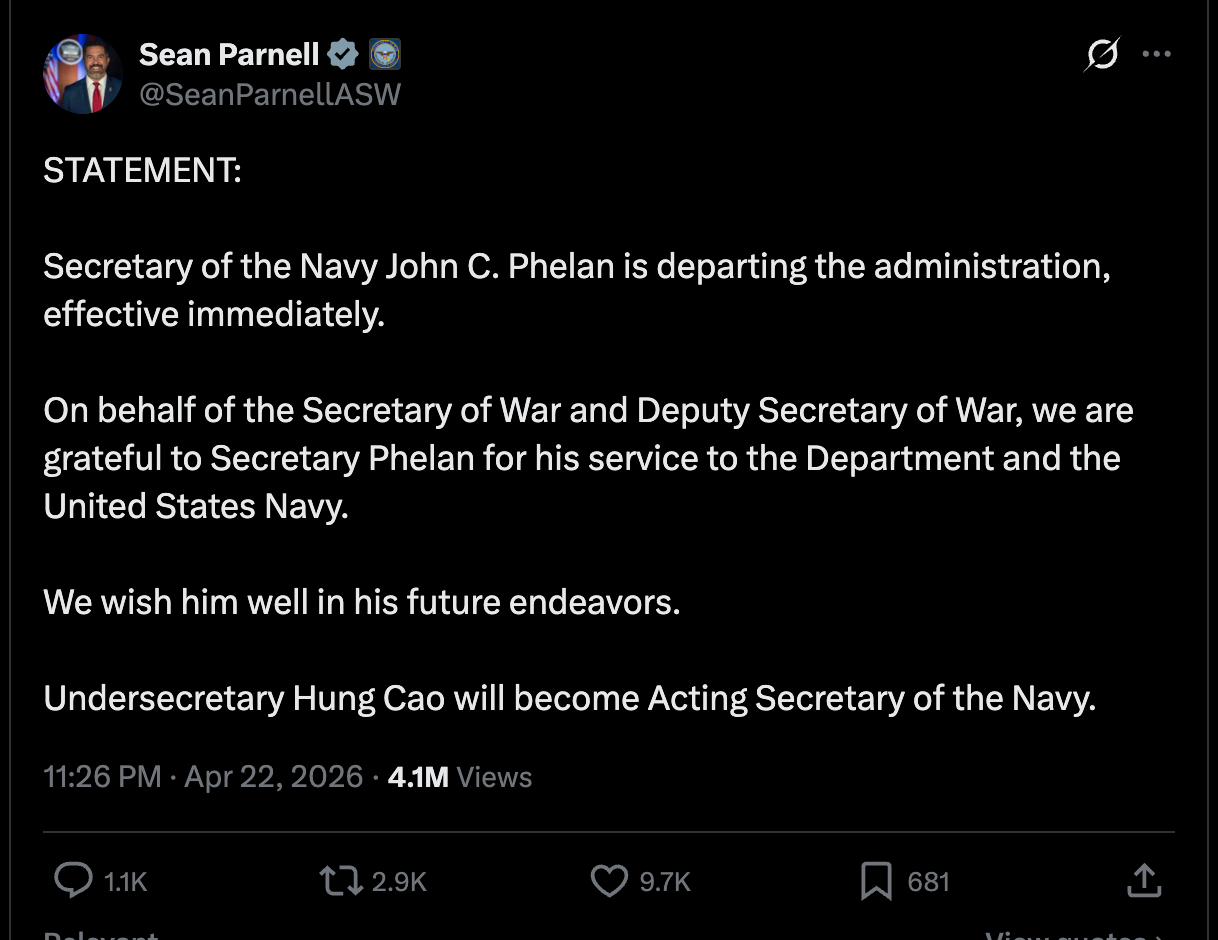 Parnell on Twitter: STATEMENT:   Secretary of the Navy John C. Phelan is departing the administration, effective immediately.  On behalf of the Secretary of War and Deputy Secretary of War, we are grateful to Secretary Phelan for his service to the Department and the United States Navy.   We wish him well in his future endeavors.  Undersecretary Hung Cao will become Acting Secretary of the Navy.