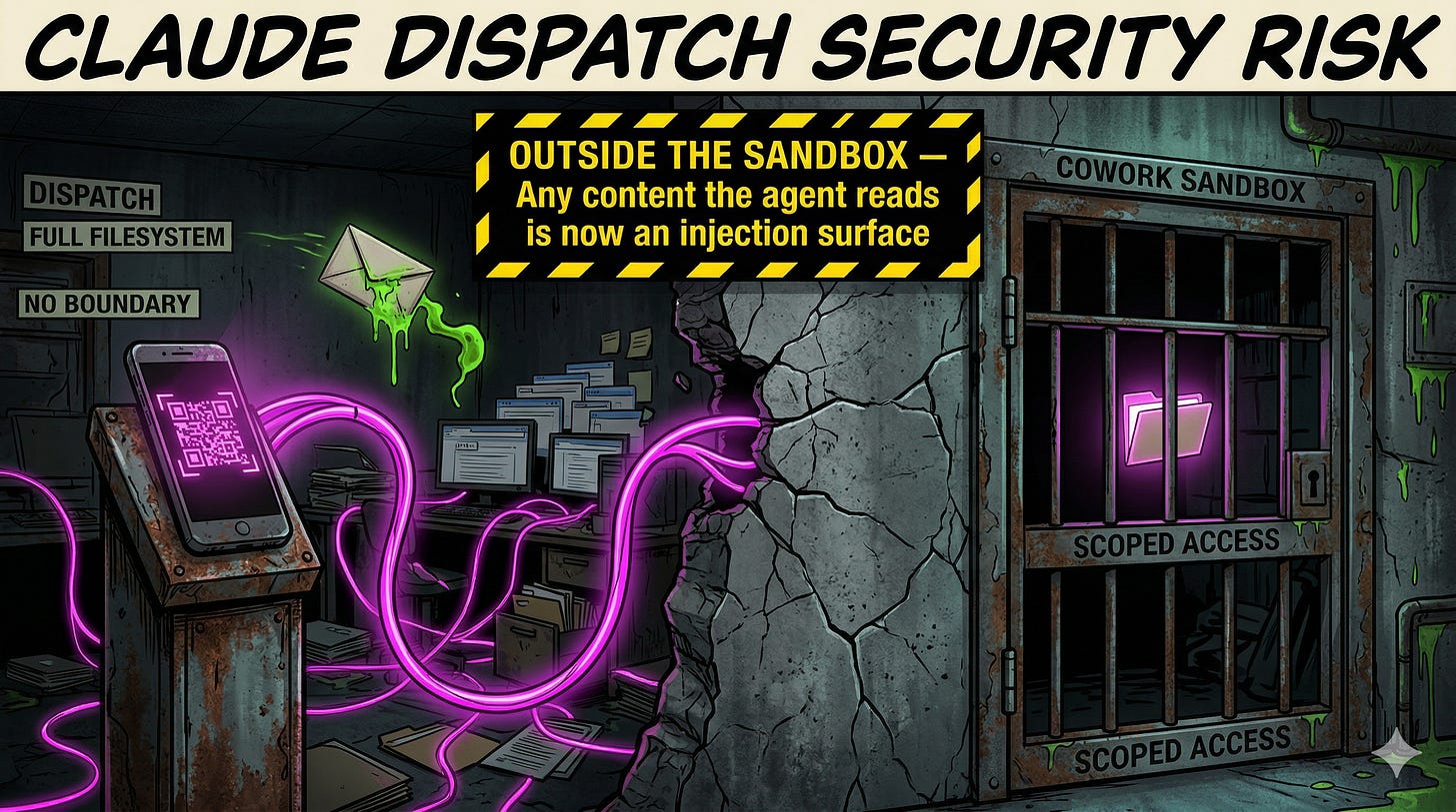 Architecture diagram showing Claude Dispatch remote shell from mobile phone to desktop agent, highlighting the expanded prompt injection attack surface outside the Cowork sandbox boundary, illustrating Claude Dispatch security risks Architecture diagram showing Claude Dispatch remote shell from mobile phone to desktop agent, highlighting the expanded prompt injection attack surface outside the Cowork sandbox boundary, illustrating Claude Dispatch security risks