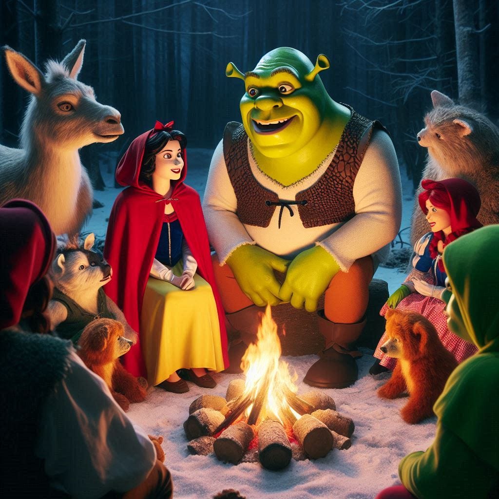 Shrek  snowywhite little re riding hood camp fire conversation