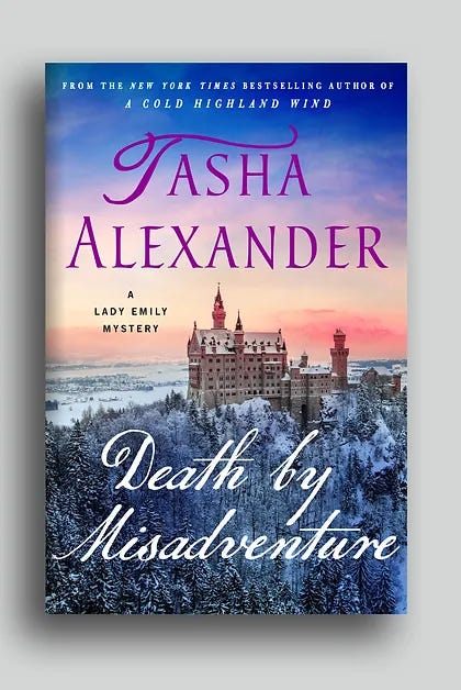 Images of dogs at church, a LEGO rocket, a broken screen door, a plate of French fries, smiling friends in front of a fireplace, book cover for Death by Misadventure by Tasha Alexander, image from a movie theatre with girl in mask and glasses, image of small LEGO plants, image of two women at a theatre