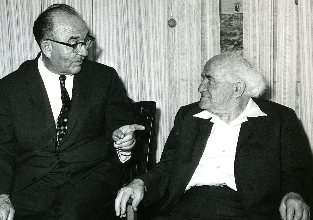 David Ben-Gurion and his successor Levi Eshkol, at Ben-Gurion’s farewell party to the government ministers, June 1963.