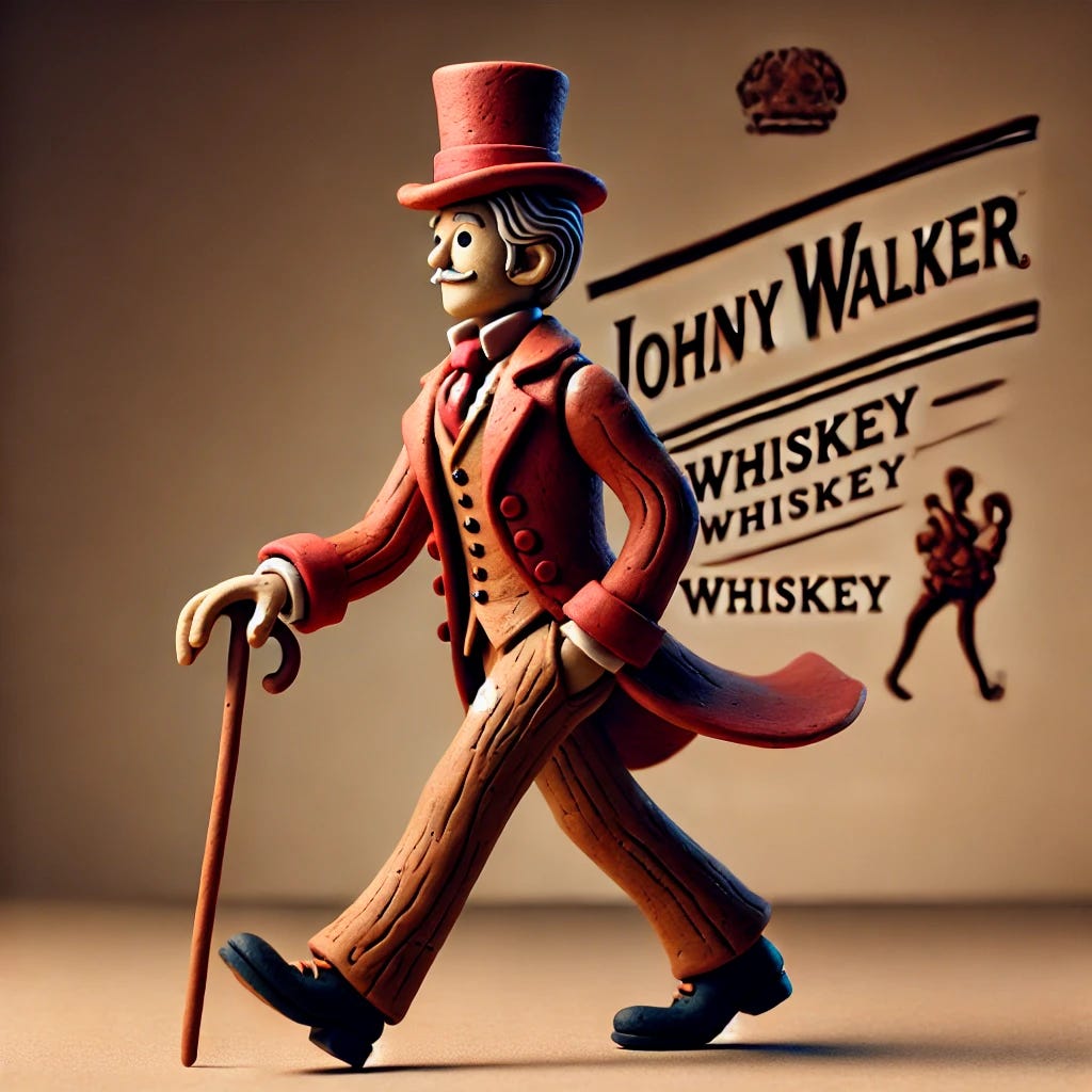A claymation version of the Johnny Walker whiskey logo. The logo features a striding man, known as the 'Striding Man,' who is dressed in traditional 19th-century attire, including a top hat, a red coat, and black boots. He is walking with a confident stride, holding a walking cane. The entire character and elements of the logo are crafted with a detailed clay texture, emphasizing the handcrafted look. The background should be a simple, solid color to make the clay figure stand out prominently.