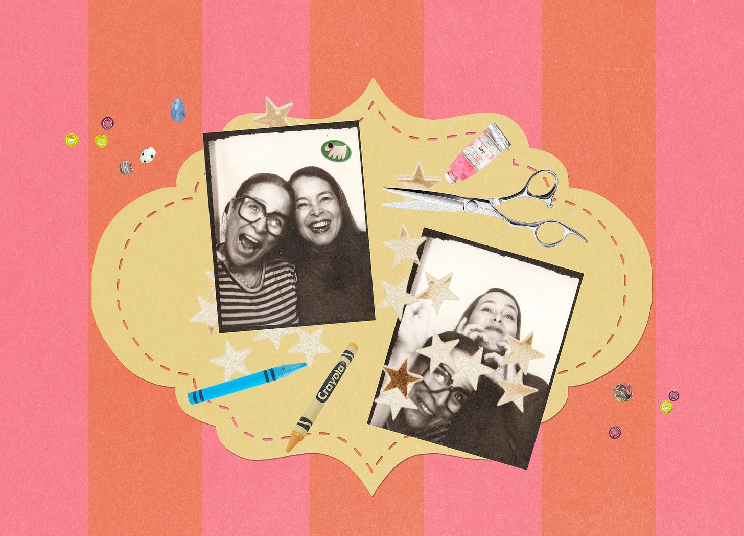 Two black-and-white photo booth snapshots of people laughing and posing, arranged on a decorative gold frame with craft supply accents on a pink striped background.