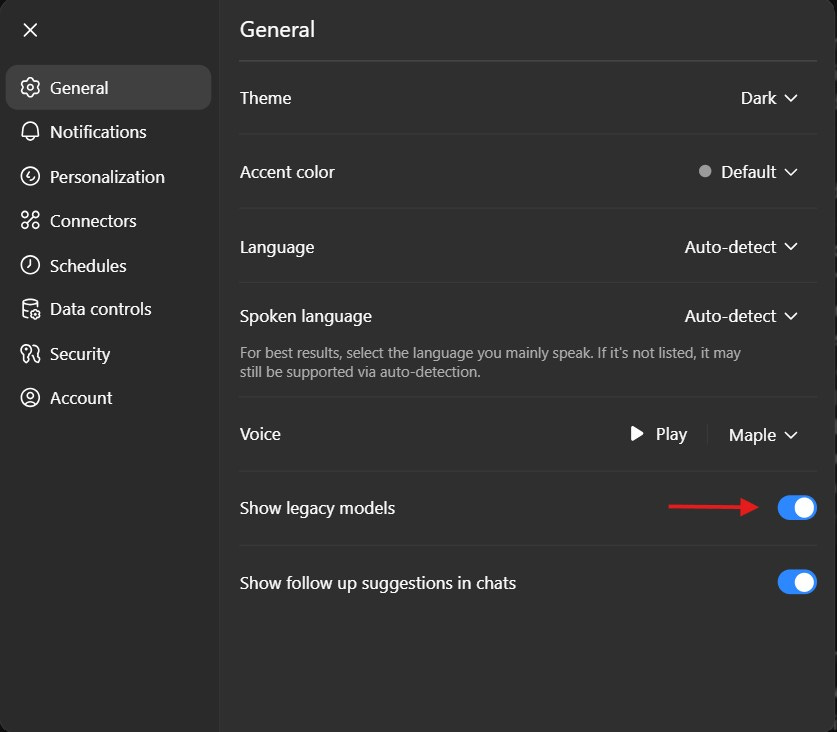 Screenshot of the ChatGPT settings panel under the “General” tab, showing how to re-enable GPT-4o. A blue toggle labeled “Show legacy models” is switched on, with a red arrow pointing to it. This step restores GPT-4o access after its removal following the GPT-5 launch. Screenshot of the ChatGPT settings panel under the “General” tab, showing how to re-enable GPT-4o. A blue toggle labeled “Show legacy models” is switched on, with a red arrow pointing to it. This step restores GPT-4o access after its removal following the GPT-5 launch.