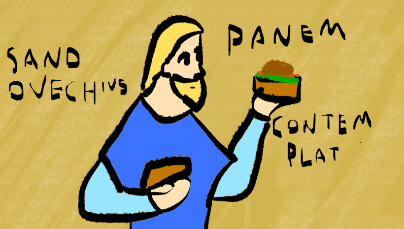 Art of the historical chef Sandovech contemplating bread.