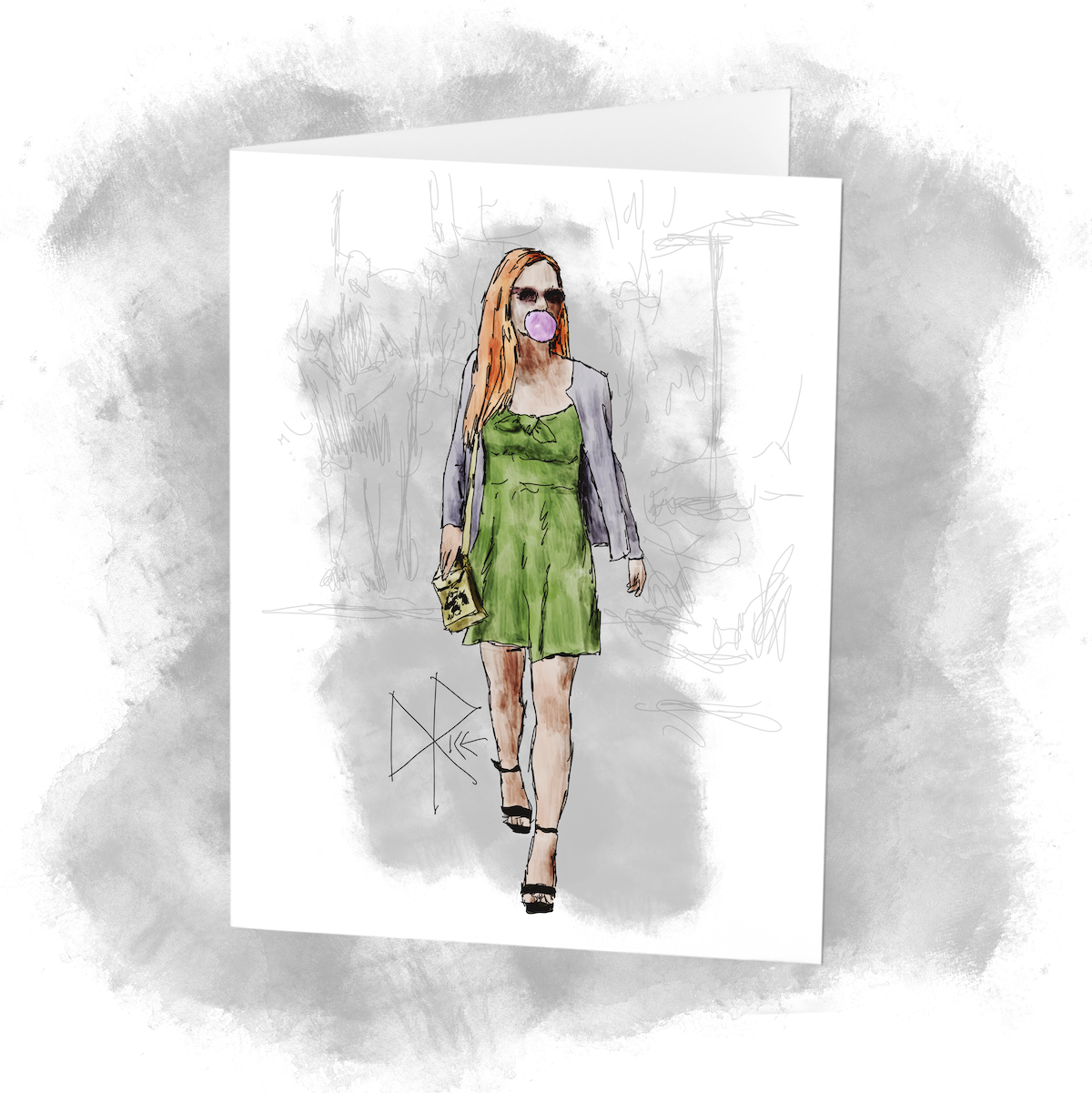 Caught mid-bubble, a young woman in a short dress and sweater walks the pedestrian crosswalk while chewing and occasionally inflating the gum in her mouth. Sketch art by Don Rice.